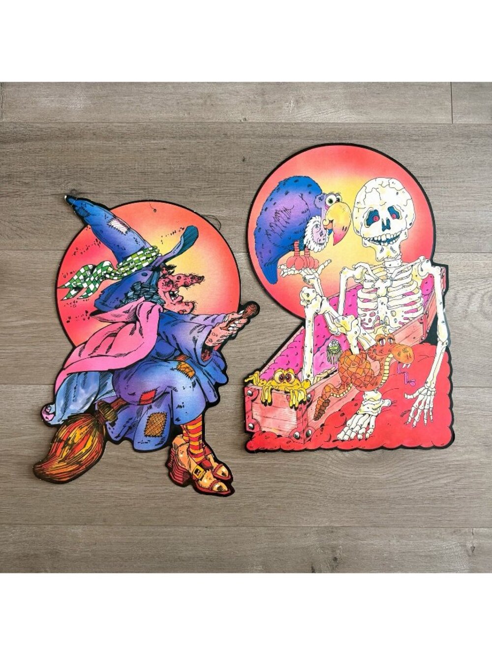 Vintage Halloween Paper Cardboard Die Cut Decorations Skeleton & Witch